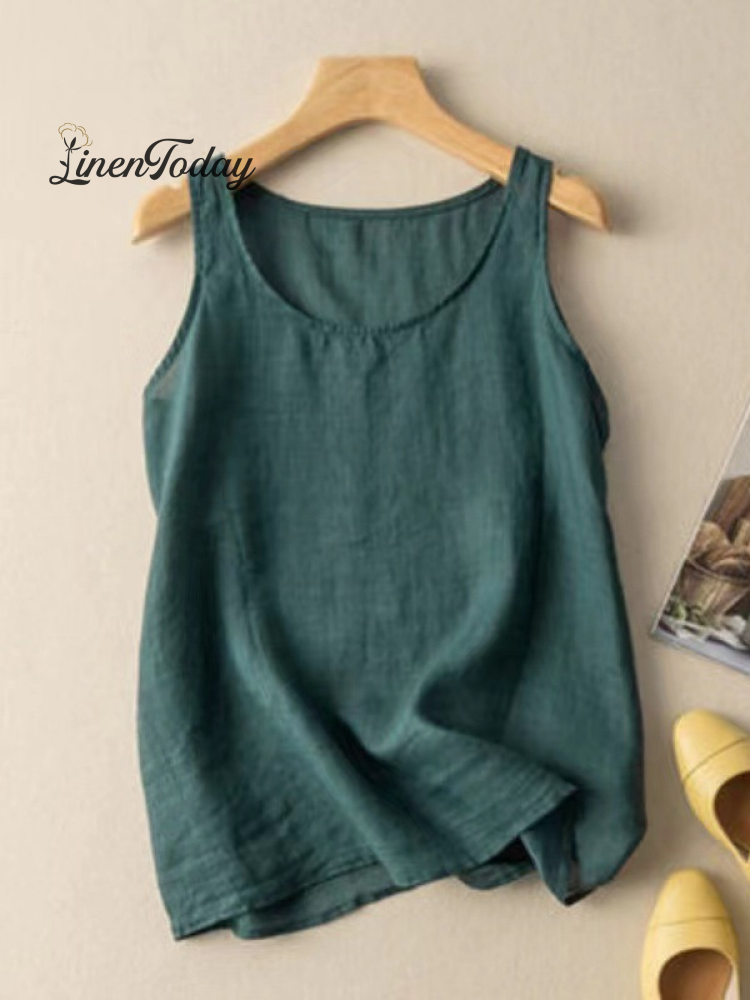 Crew Neck Plain Linen Style Tank Top Green / M