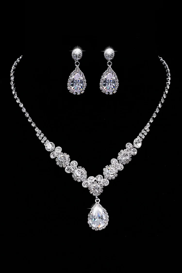 Drop Shaped Rhinestone Pendant Necklace Dangle Earrings Jewelry Set-Silver