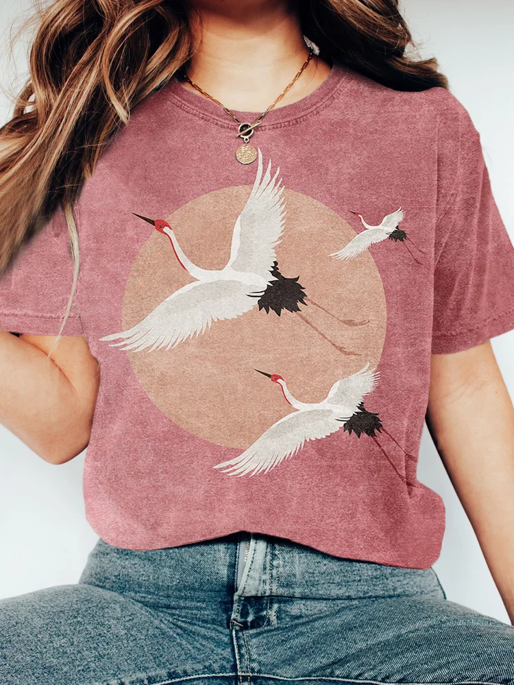 Comstylish Flying Cranes Japanese Art Graphic Vintage T Shirt