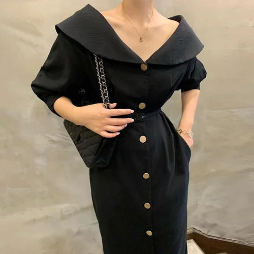 Chic Big Lapel Solid Color Puff Sleeve Single-breasted Long Dress