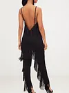 Spaghetti-Neck Backless Tasseled Solid Color Stylish Jumpsuit