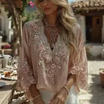 Women‘s Retro Pink Floral Embroidered Art Pattern Loose Linen Blend T-shirt - Image 2