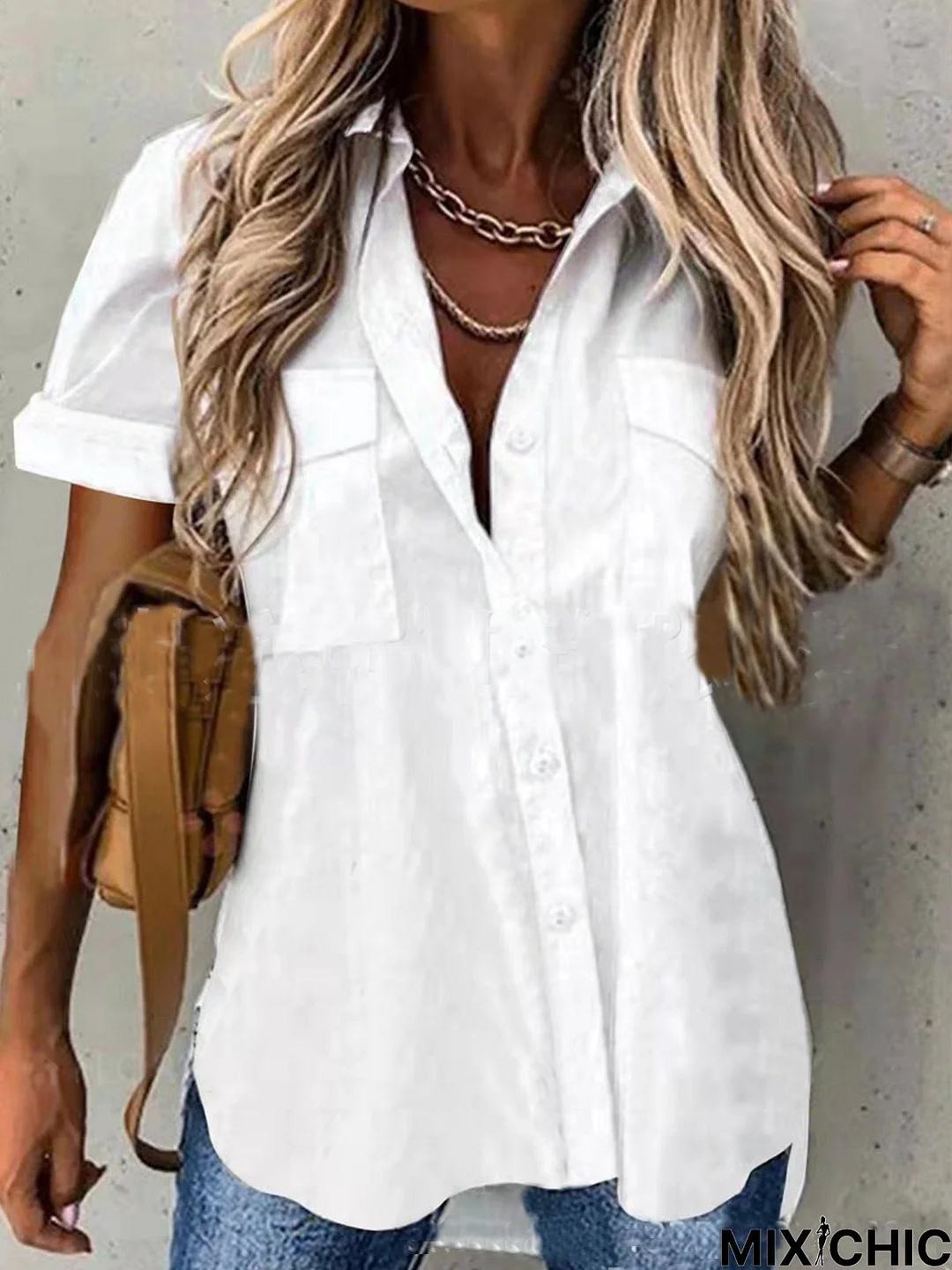 Solid Regular Fit Shirt Collar Short Sleeve Tunic Blouse