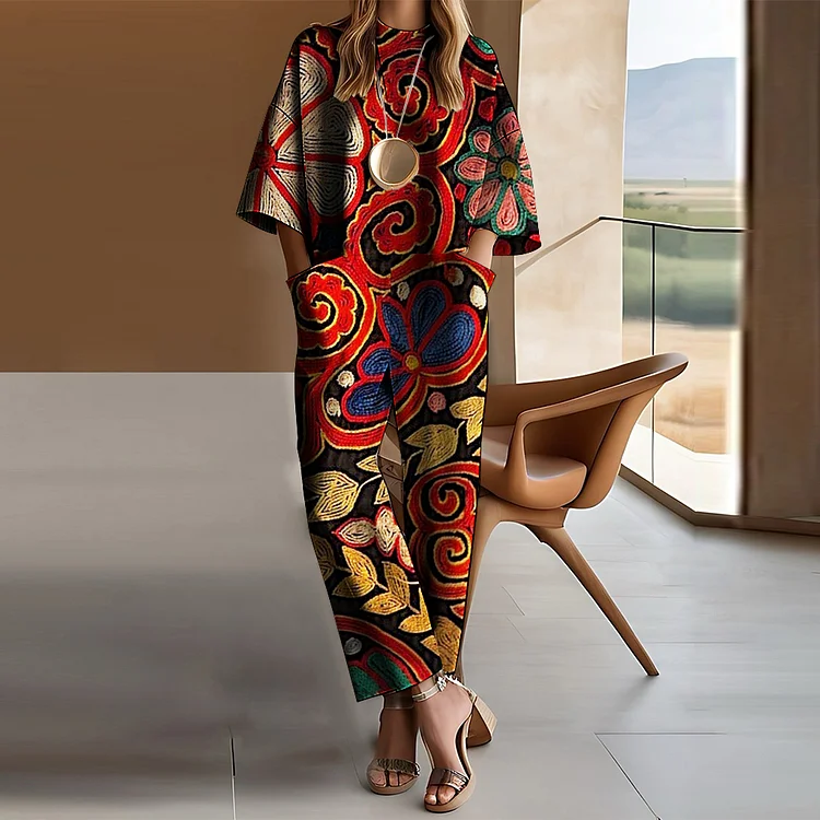 Ursime Ethnic Floral Pattern 3/4 Sleeve Pocket Jumpsuit