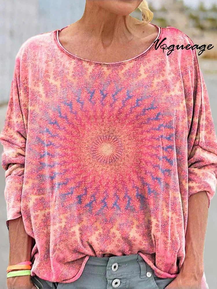 Simple Pink Floral Print Round Neck Loose Long Sleeve T-Shirt
