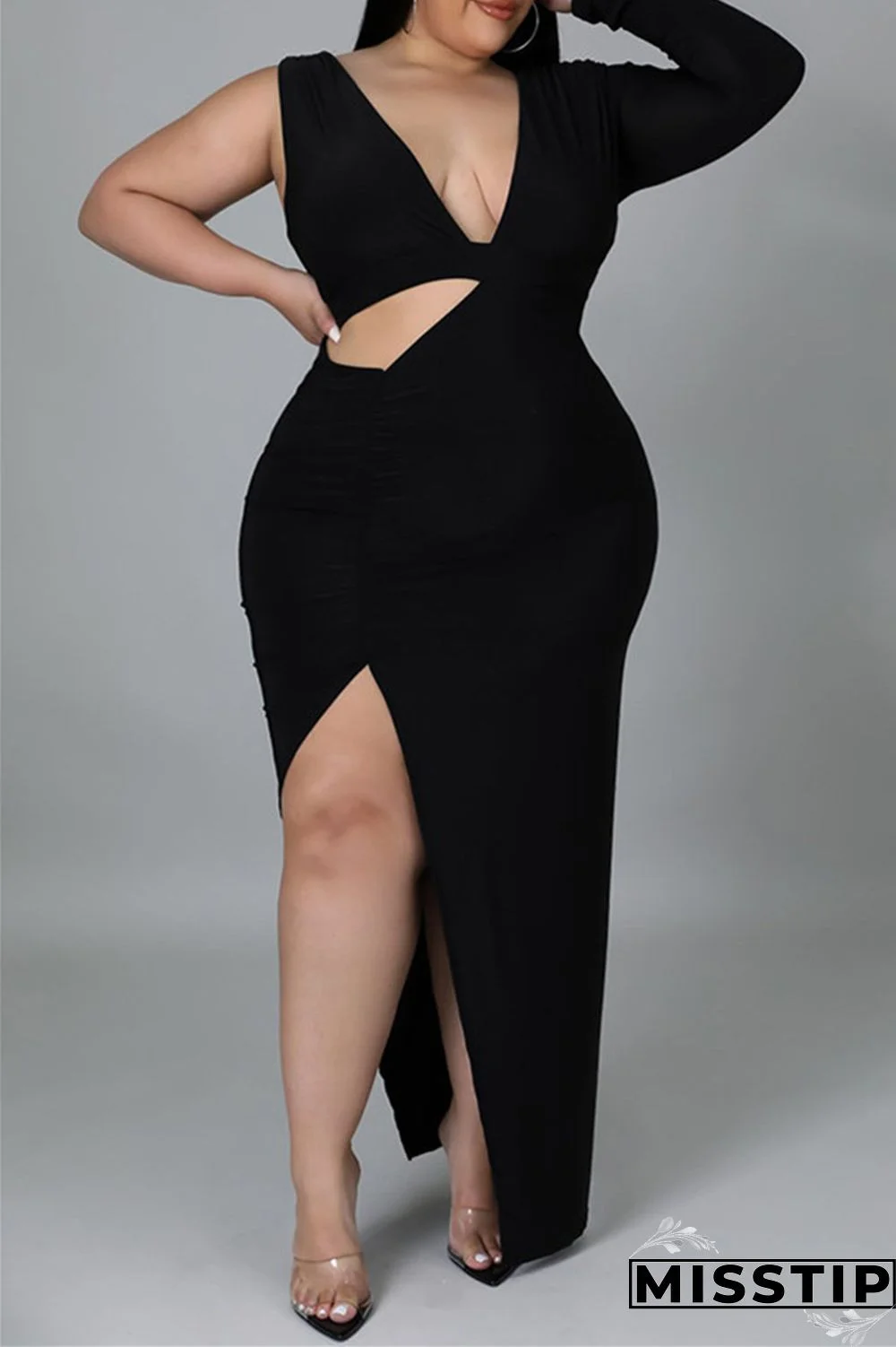 Black Fashion Casual Solid Hollowed Out Slit V Neck Long Sleeve Plus Size Dresses