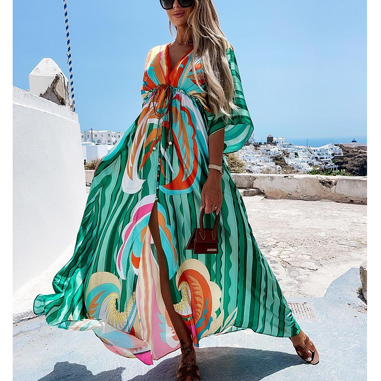 V-neck Short Sleeve Printed  Dress
