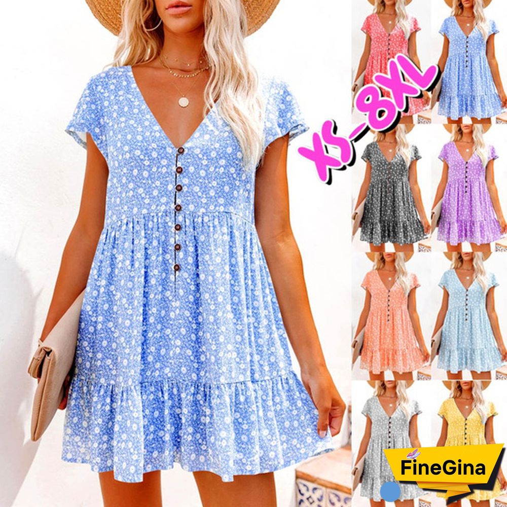 Spring Summer Dresses Plus Size Fashion Clothes Women's Casual Short Sleeve Dress Ladies Button Up Floral Flower Printed Dress Patchwork Loose Mini Pleated Dress Beach Wear Short Party Dress