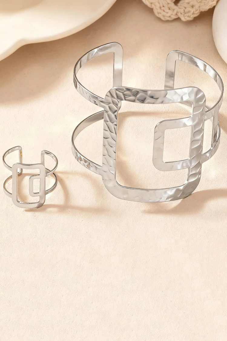 Party Geometric Square Hollow Splicing Textured Adjustable Open Bracelet Ring Jewelry Set 2024 - Xpluswear