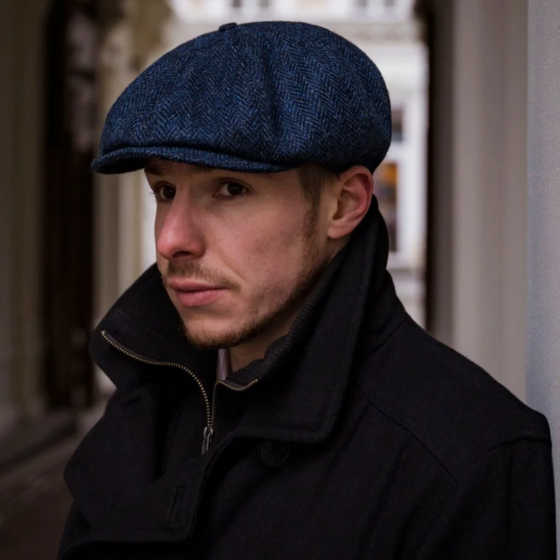 PEAKED CAPS Genuine Scottish Harris Tweed 8 Panels Newsboy Cap Apple Bandit Hooligan Blinder Hat Shelby Wool Large Crown BLUE-bLACK