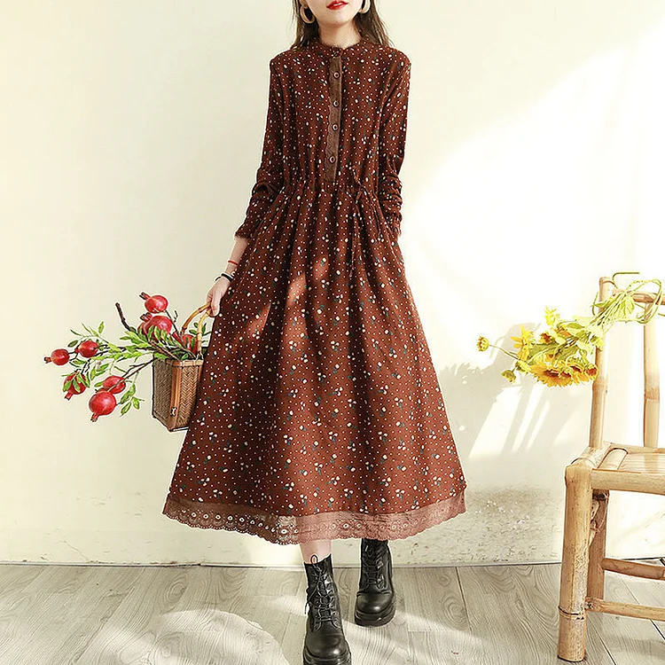 Retro Floral Lace Long Sleeve Midi Dress