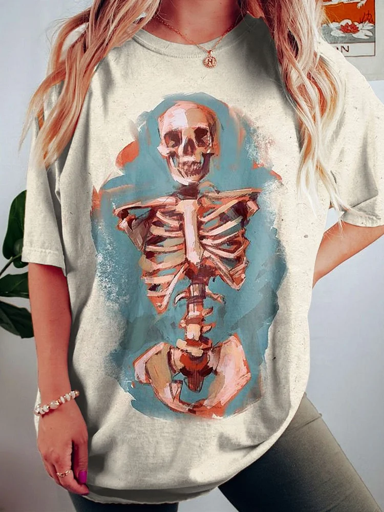 Women's Skull Art Print Crew Neck Causl Shirt