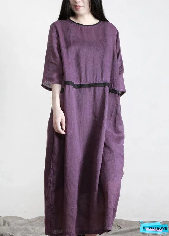 Modern Purple Pockets Linen Summer Maxi Dress