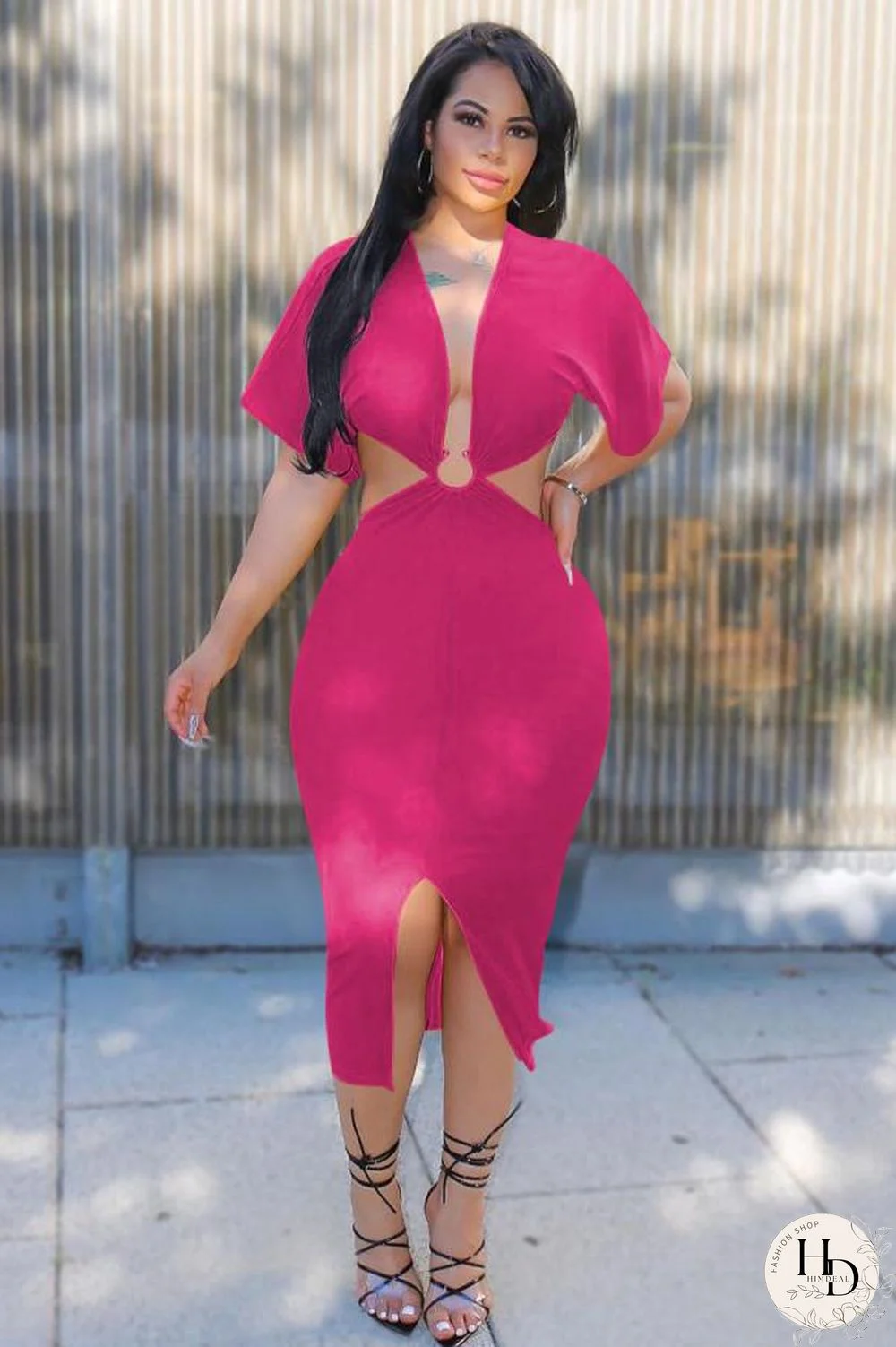 Black Polyester Sexy Bat sleeve Short Sleeves V Neck Asymmetrical Mid-Calf Solid Club Dresses