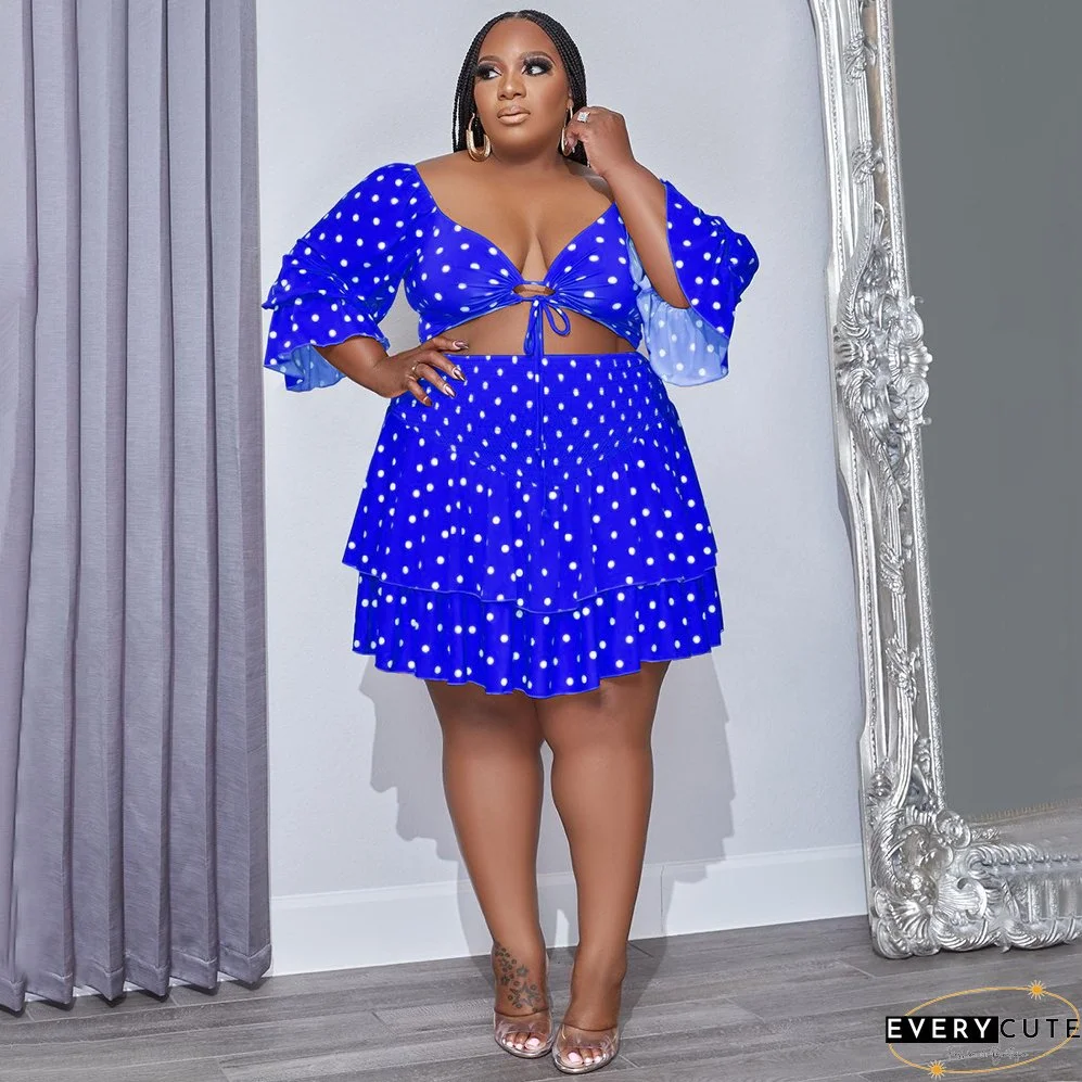 Plus Size Women Casual Fashion Sexy Crop Top + Lotus Leaf Skirt Two Piece Set