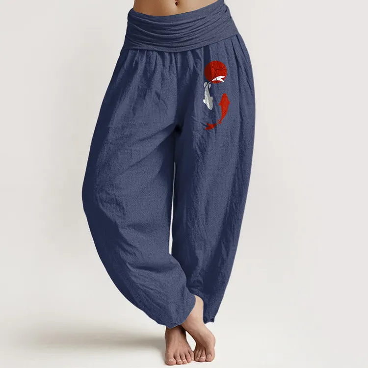 Koi Fish Red Sun Pattern Pure Cotton Women's Elastic Waist Harem Pants