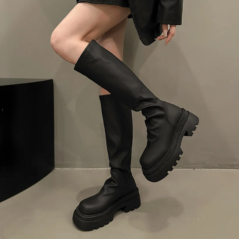 Yyvonne Autumn New British Folded Elastic Skinny Boots Retro Thick And Thick Bottom Pine Cake But Knee Long Boots Women