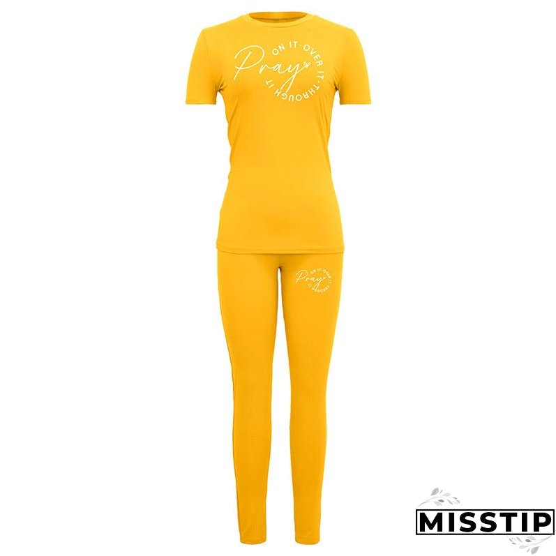 Women's Theme Printed Sports Short-sleeved T-shirt Tights Suits