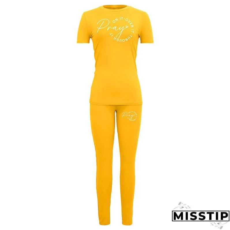 Women's Theme Printed Sports Short-sleeved T-shirt Tights Suits