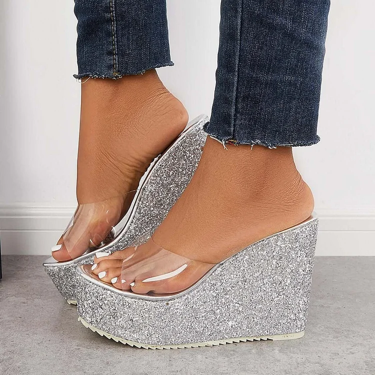 Glitter Slip on Platform Wedge High Heels Slide Sandals