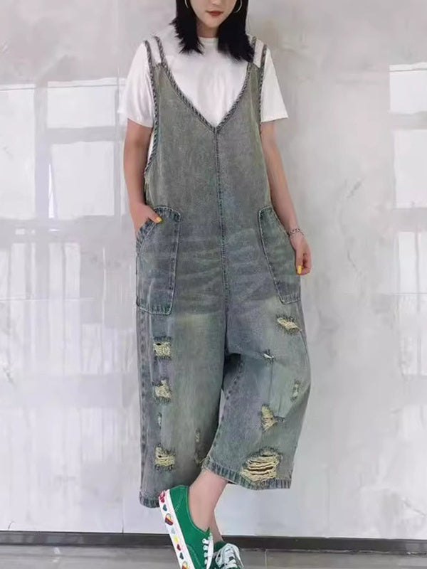 Women's Loose Hole Casual Retro Cropped Workwear Denim Overalls Jumpsuit
