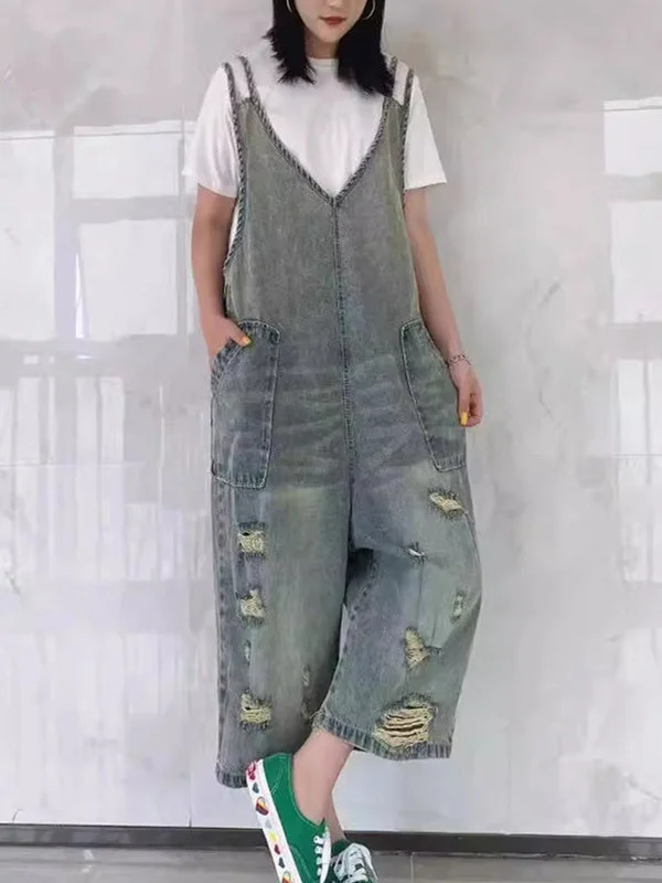 Women's Loose Hole Casual Retro Cropped Workwear Denim Overalls Jumpsuit