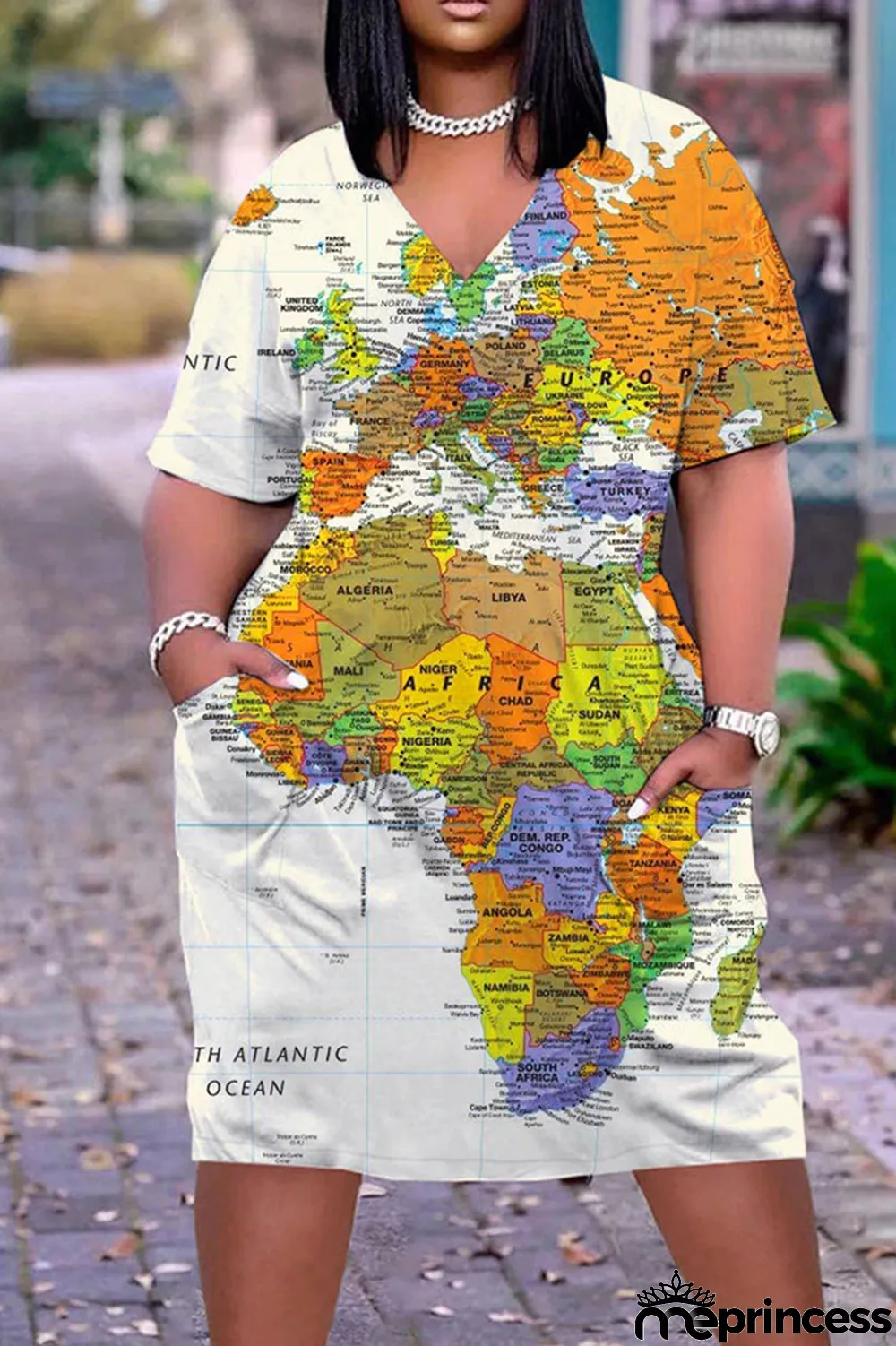 Red Casual Street Print Patchwork V Neck Straight Dresses