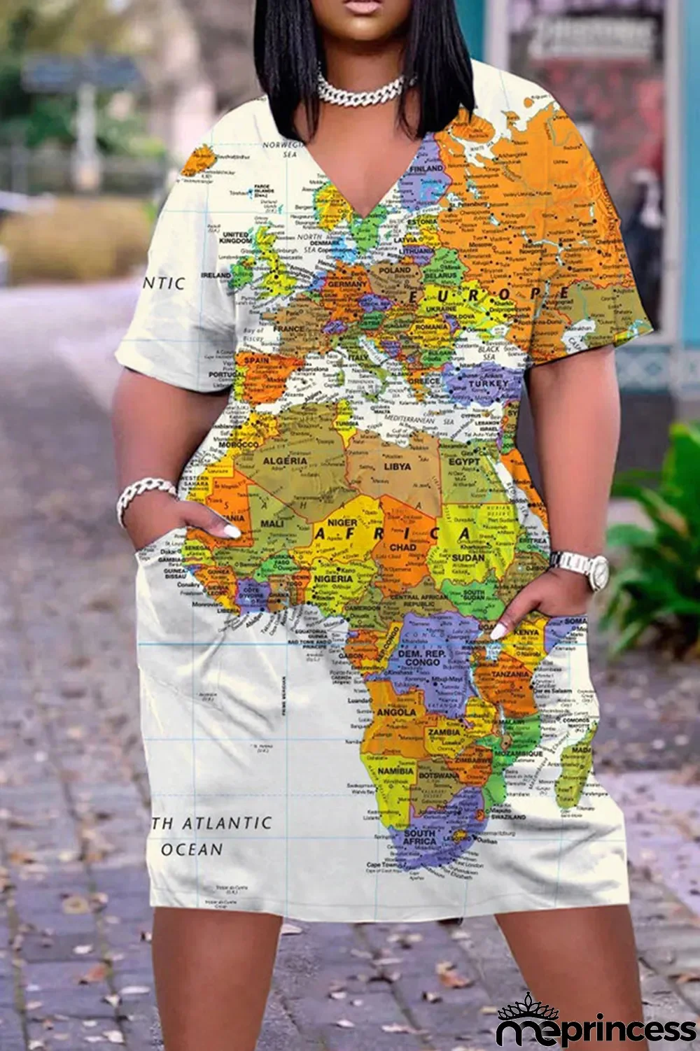 Red Casual Street Print Patchwork V Neck Straight Dresses