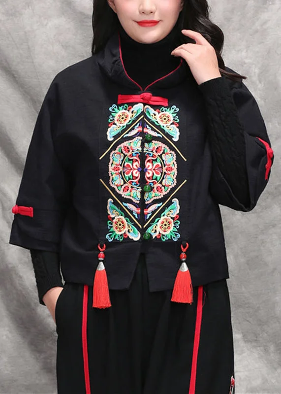 Elegant Black Peter Pan Collar Embroideried Floral Coats Long Sleeve