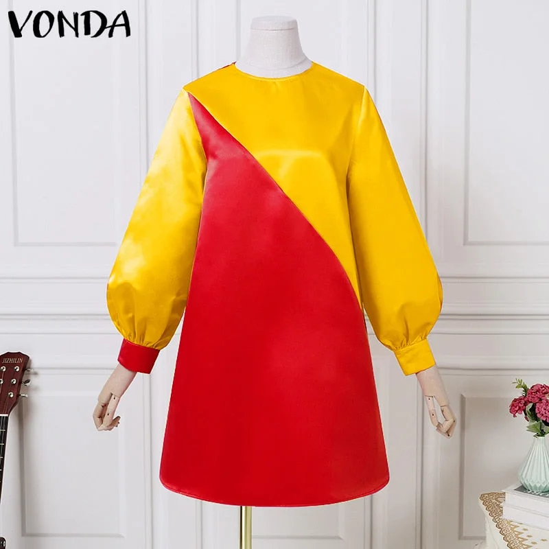 2022 Summer Dress VONDA Women Casual O Neck Vintage Patchwork Long Lantern Sleeve Dresses Plus Size Party Vestidos Short Robe