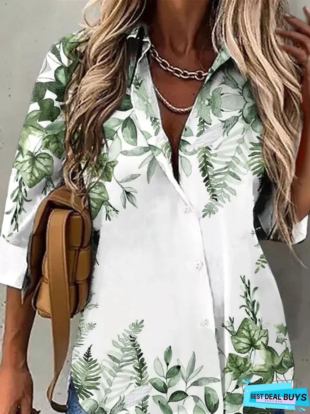 Casual Leaves Long sleeve Shirt Collar Printed Tunic Blouse