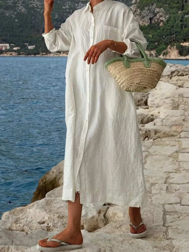Solid Linen Single Breasted Shirt Midi Dress
