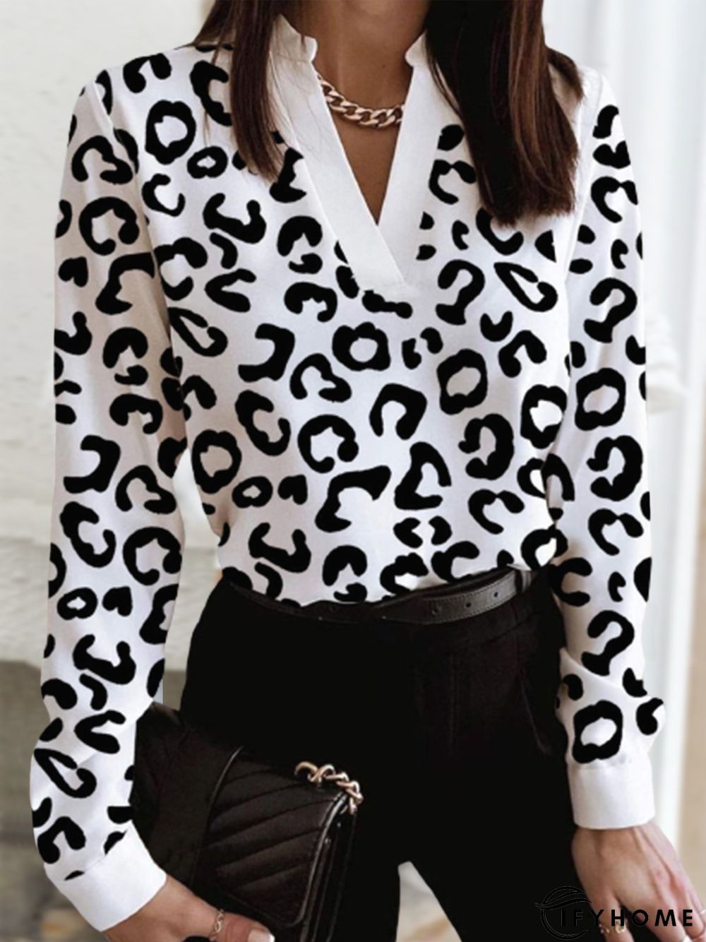 Casual Leopard Long Sleeve V Neck Printed Top | IFYHOME