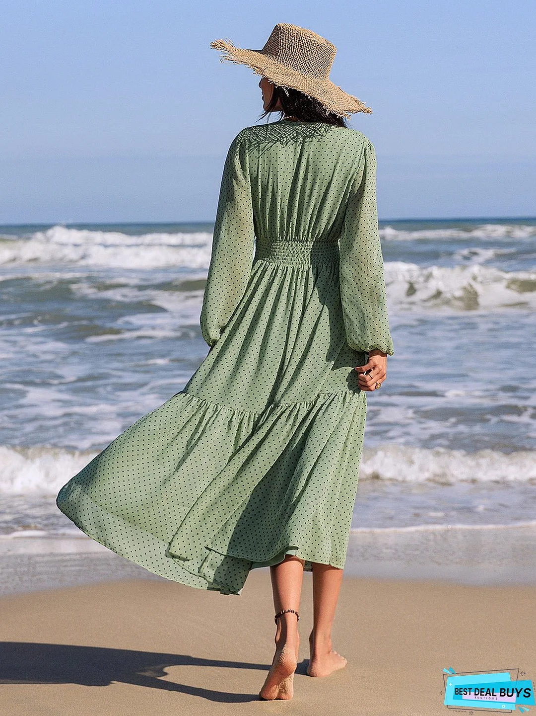 Embroidered Polka Dot Tie Neck Long Sleeve Midi Dress