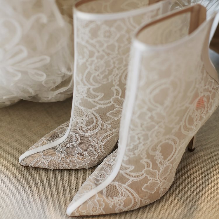 Ivory Wedding Shoes Pointy Toe Lace Ankle Booties |FSJ Shoes