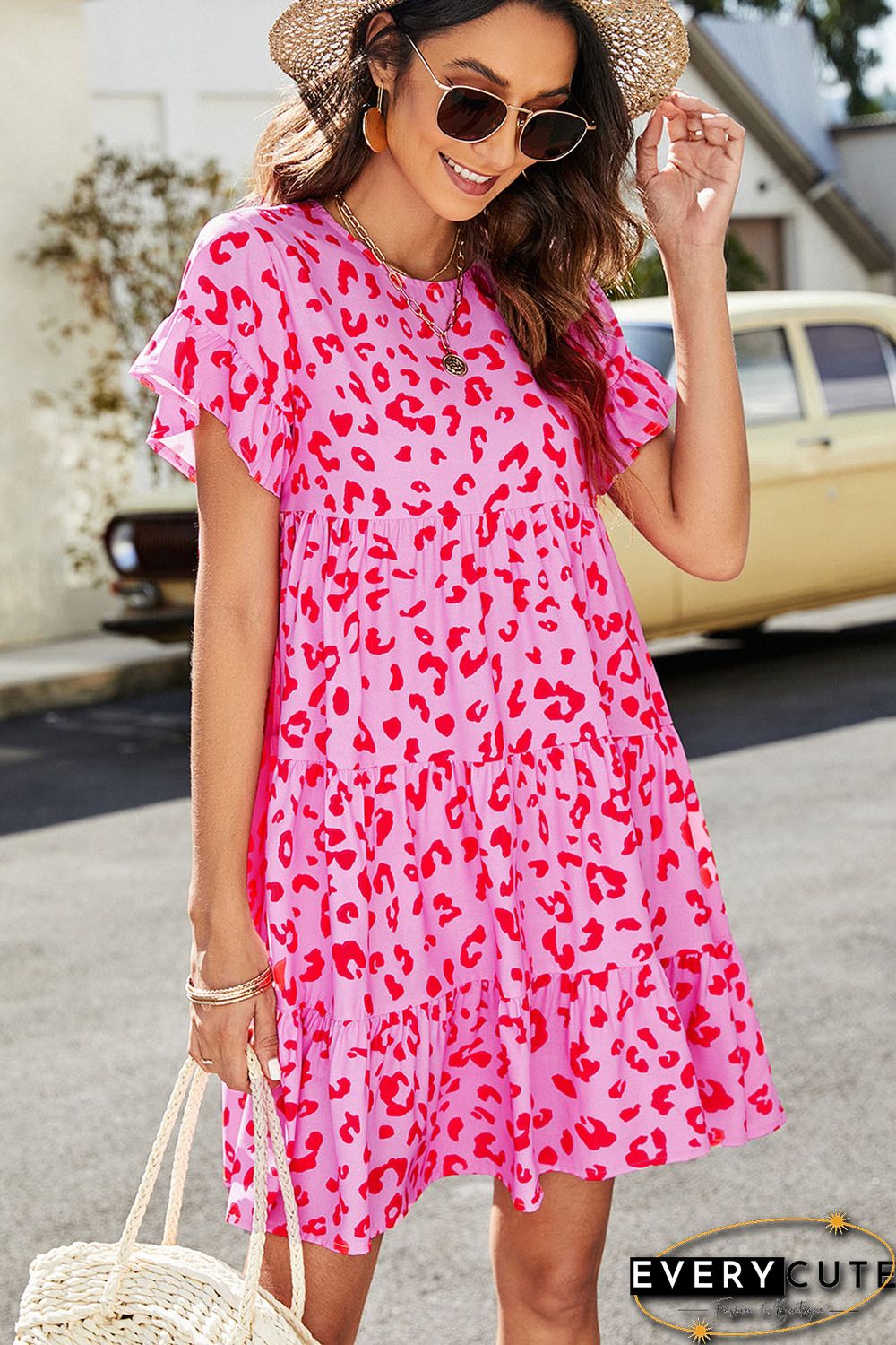 Pink Leopard Print Ruffle Short Sleeve Tiered Dress