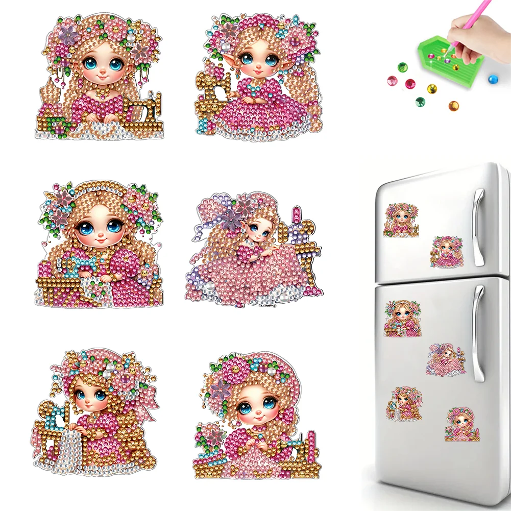 6Pcs DIY Sewing Machine Girl Acrylic Special Shape Diamond Painting Fridge Magnet