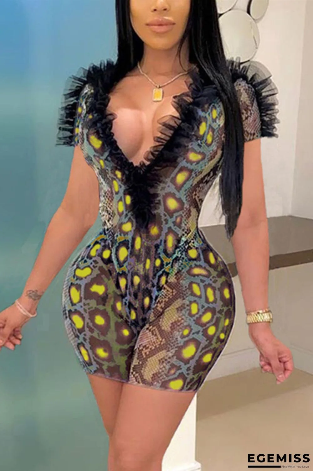Yellow Sexy Mesh Stitching Snake Print Set | EGEMISS