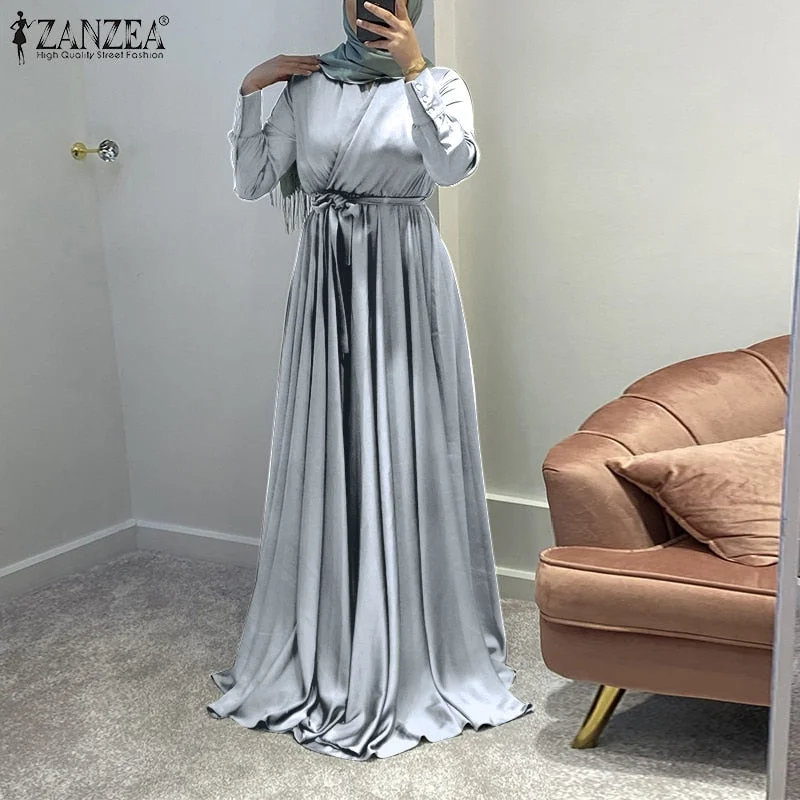 ZANZEA Women Autumn Muslim Sundress Fashion V Neck Long Sleeve Satin Long Dress Robe Femme Abaya Hijab Dress Islamic Clothing