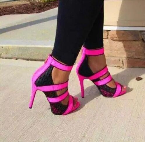 VCSHOES Neon Straps Women Cut Out Sandals Open Toe Ladies Mesh High Heels Stiletto Zipper Back Dress Shoes