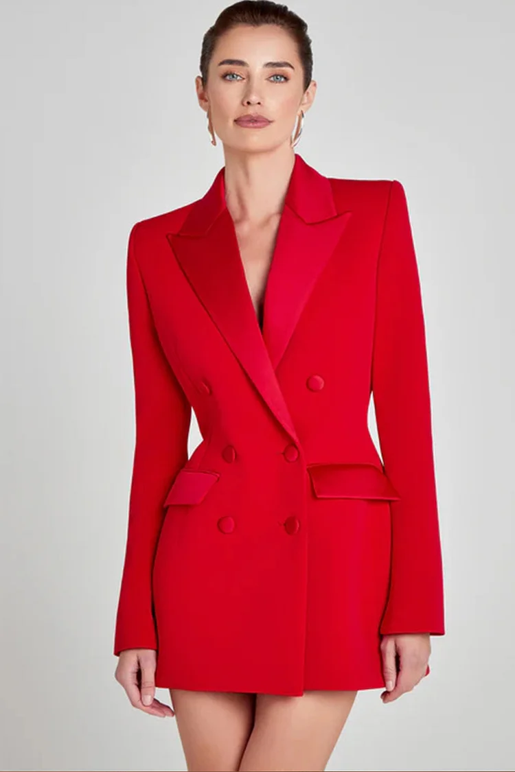 Double Breasted Peak Lapel Blazer Mini Dress-Red