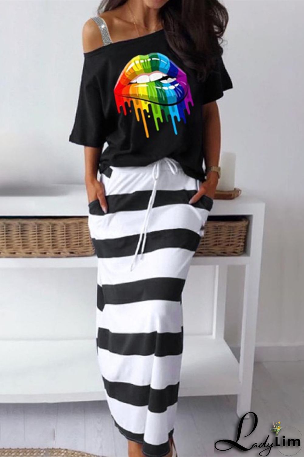 Black White Fashion Casual Print Patchwork Oblique Collar Short Sleeve Two Pieces