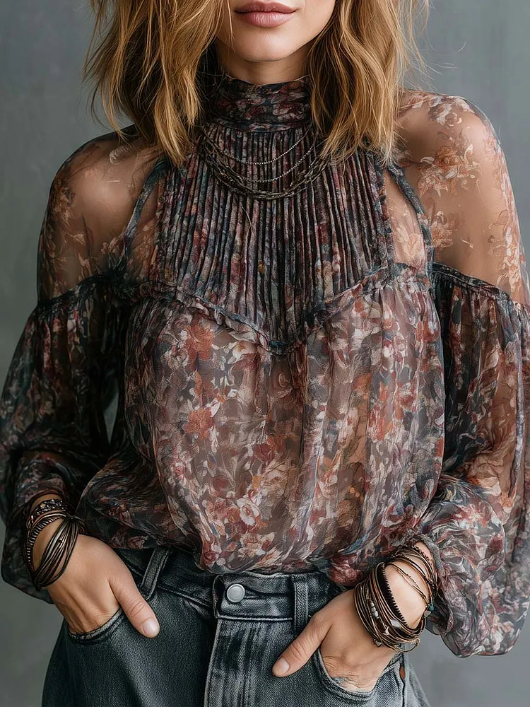 Boho Sheer Floral High Neck Cold Shoulder Blouse