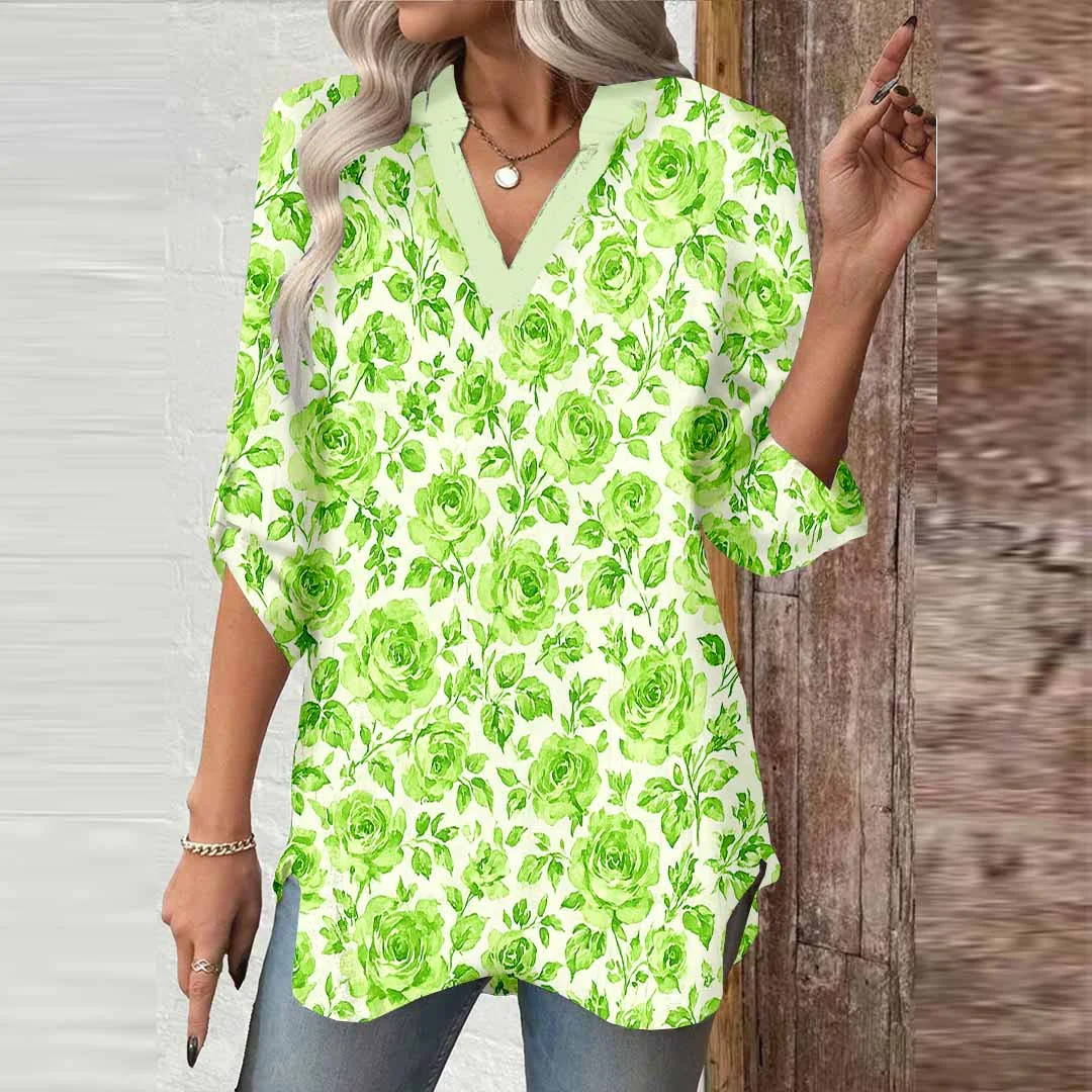 Women Floral, Green DZGA0341 3/4 Sleeve V-neck Printed Graphic Button Tops