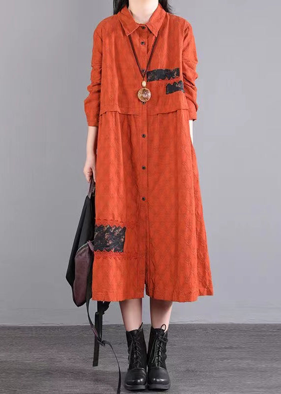VCSHOES Orange Peter Pan Collar Patchwork Cotton Shirts Dress Fall