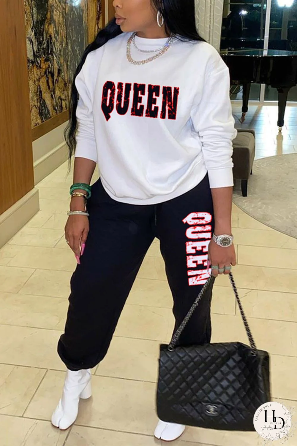 Army Green Fashion Casual Letter Print Letter O Neck Long Sleeve Two Pieces