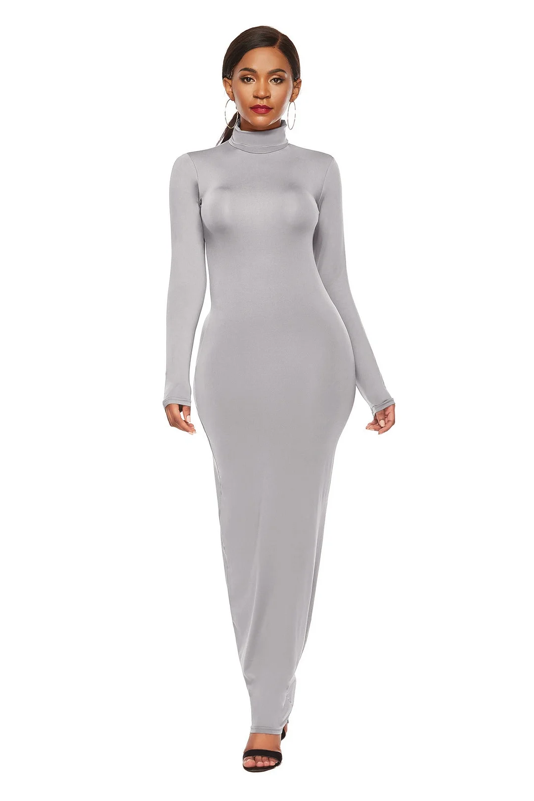 Uveng Polyester Spandex Fashion Solid Color Long Sleeve Stretch Slim Turtleneck Dress