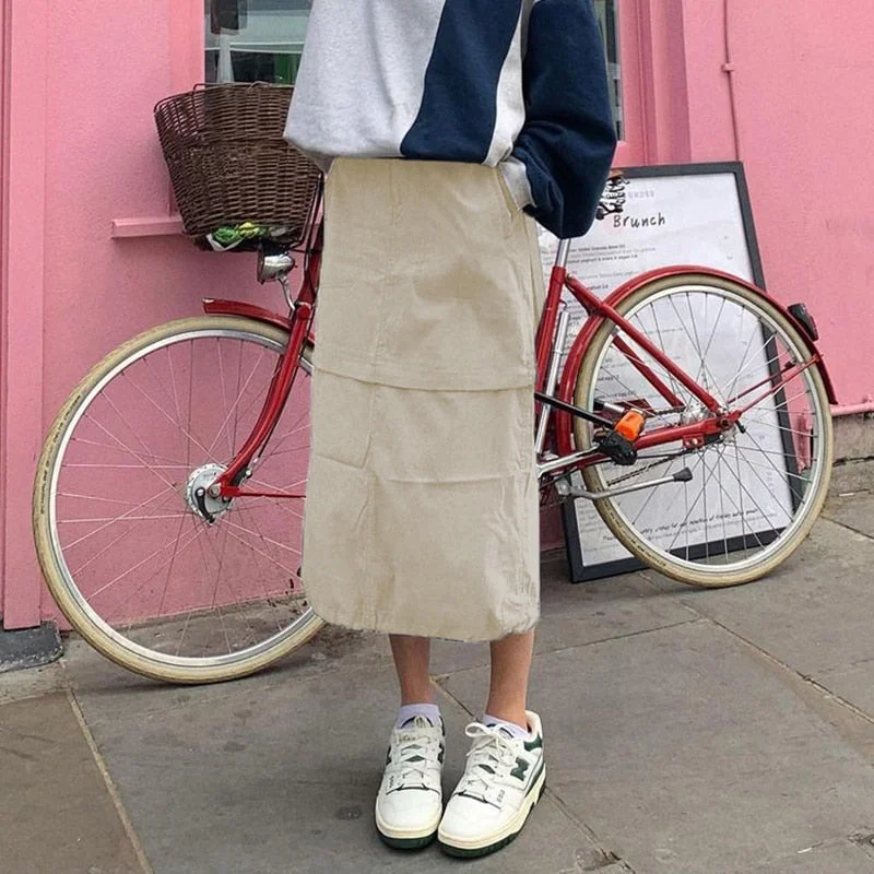 Rapcopter y2k Grey Retro Long Skirts Prepply Baggy Cargo Patchwork Ruched Midi Skirts Women Streetwear Pockets Korean Skirts 90s