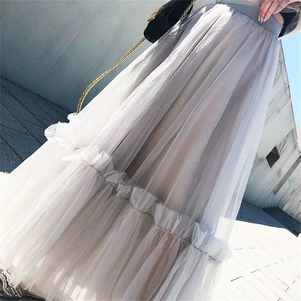 Hipposy Women's Three-layers Mesh With Lining Midi Skirts Ruffles Female Princess A-line High Waist Long Skirt Fashion All-match Lovely