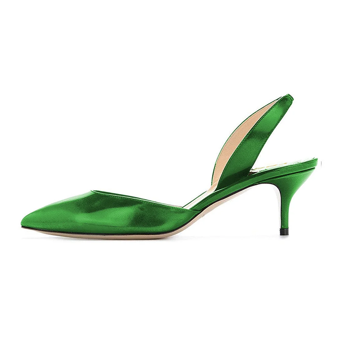 Stylish Patent Leather Pointed Slingback Kitten Heel Pumps in Green